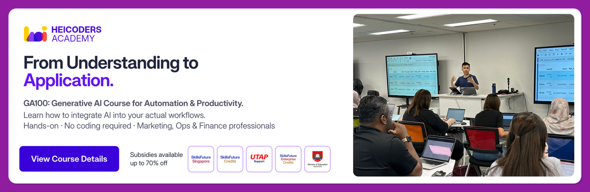 Heicoders Academy GA100 Generative AI Course classroom session for working professionals in Singapore
