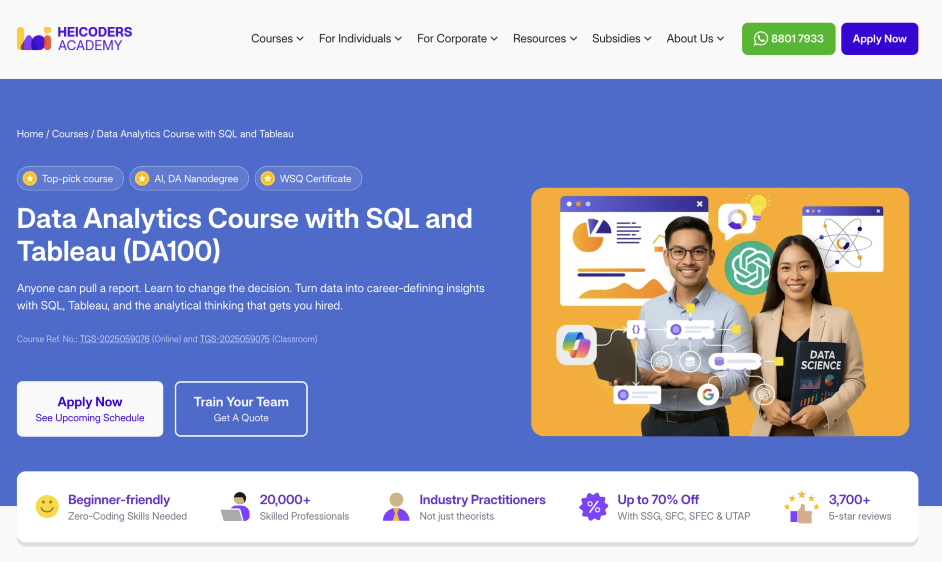 Heicoders Academy DA100 Data Analytics Course with SQL and Tableau course page, showing online and in-person training options