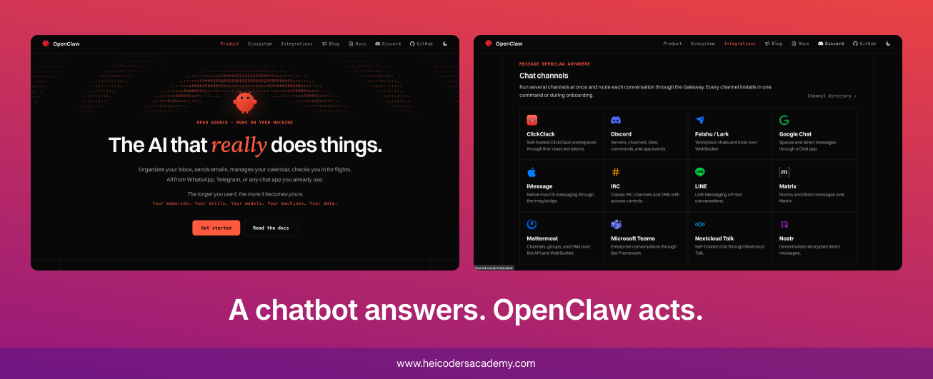 Two screenshots of the OpenClaw website: the homepage reading 'The AI that really does things,' and the chat channels page listing supported integrations including Discord, iMessage, Microsoft Teams, Google Chat, and more