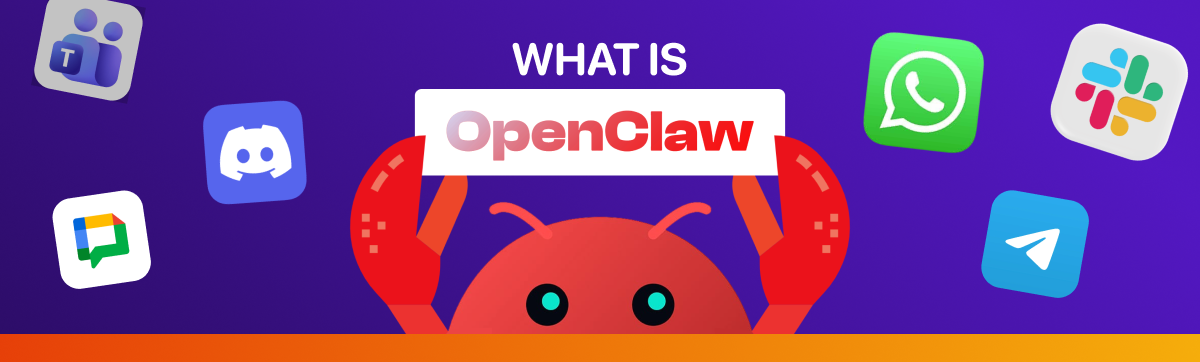 What is OpenClaw? Illustration of a red lobster mascot surrounded by messaging app icons including WhatsApp, Discord, Telegram, Slack, and Microsoft Teams, representing the AI agent everyone's talking about