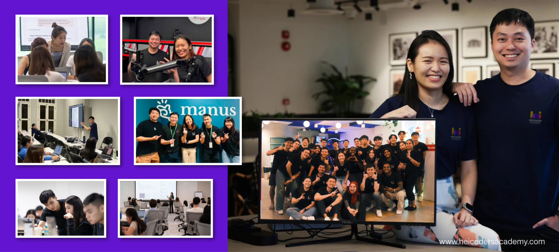 Collage of Heicoders Academy classroom sessions, coaching, and podcast recording on a purple background, alongside a photo of two smiling co-founders standing next to a monitor displaying a group team photo, with the Heicoders Academy website URL at the bottom.