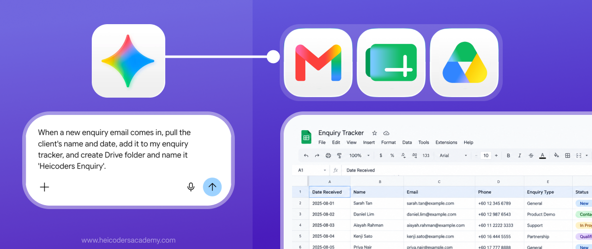 Example Gemini Spark workflow automating email enquiries into a tracker and Drive folder