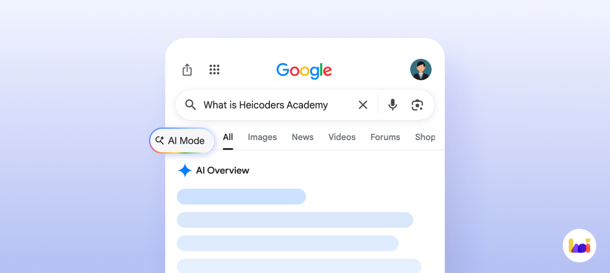 Side-by-side comparison of Google's AI Overview and AI Mode results for Heicoders Academy