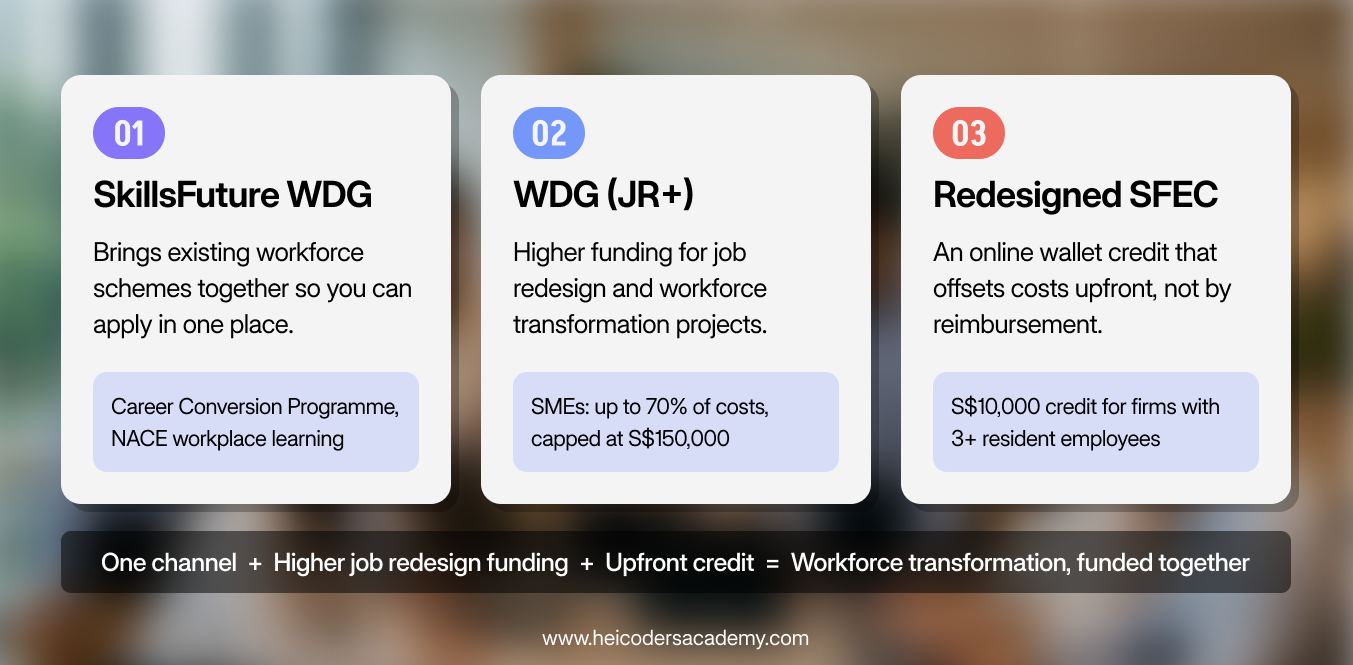 Infographic showing three parts of the Enterprise Workforce Transformation Package: SkillsFuture WDG, WDG(JR+) and redesigned SFEC.