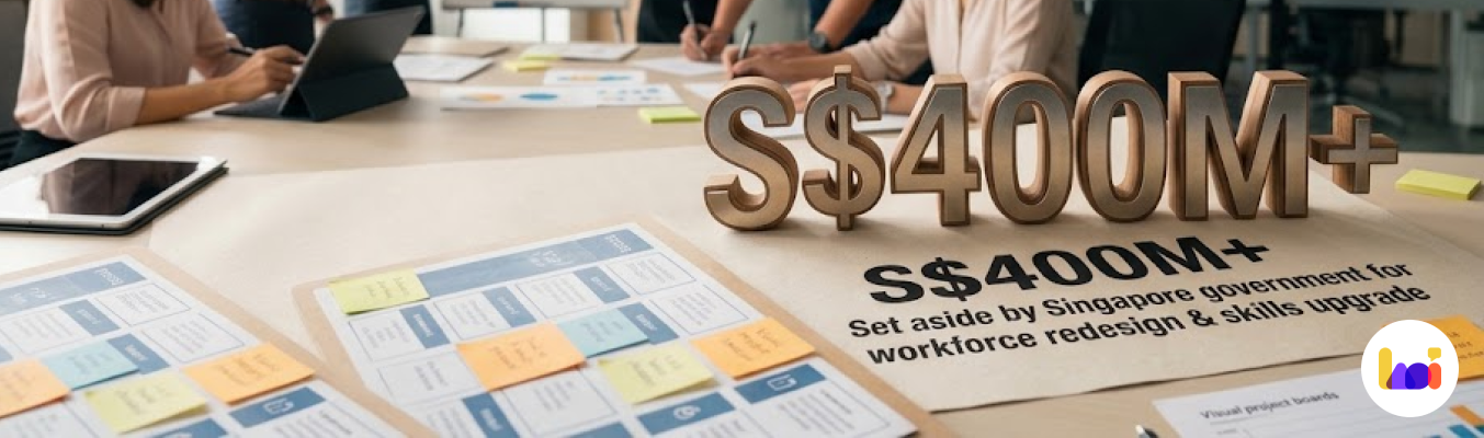 Infographic stating that more than S$400 million is set aside for workforce redesign and skills upgrading in Singapore.