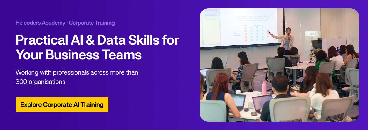 Heicoders Academy corporate training graphic showing an instructor teaching a classroom and promoting practical AI and data skills for business teams.